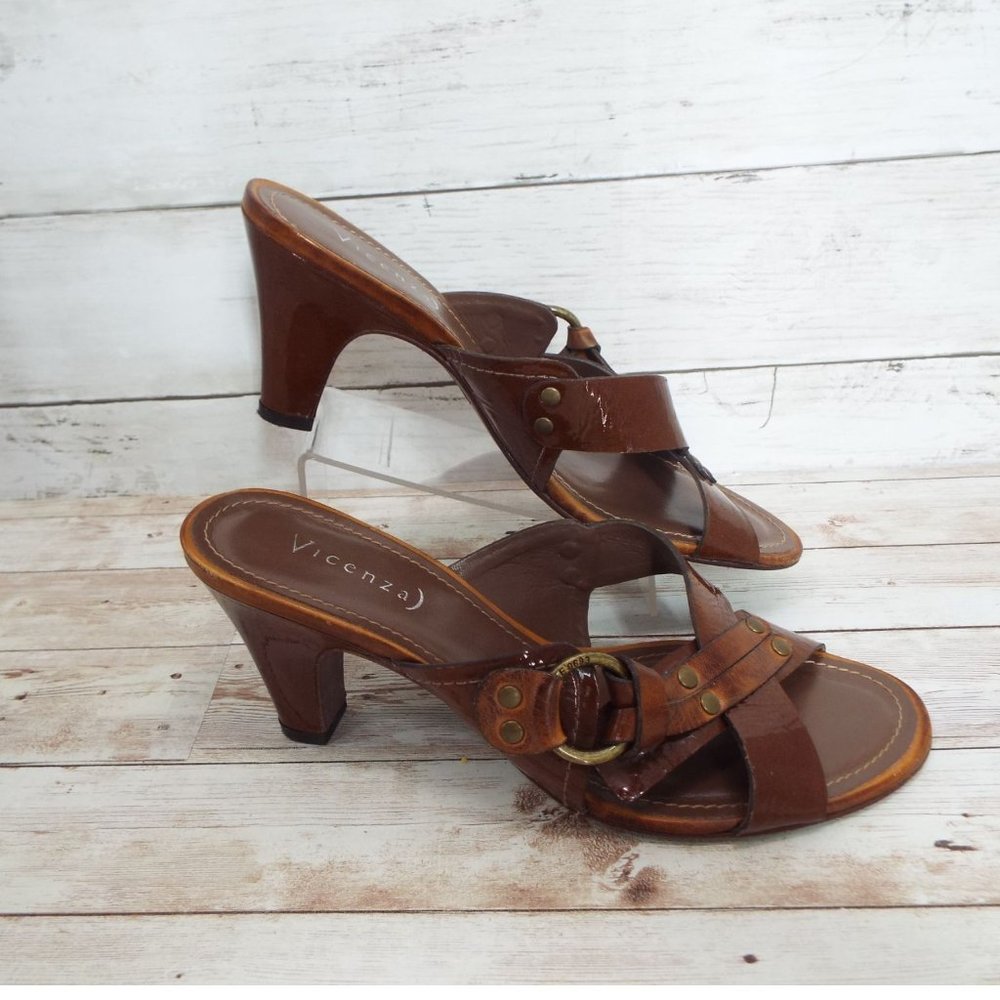 Vicenza Brown Leather Carmen Heeled Mule Sandals Size 39 - Picture 3 of 14